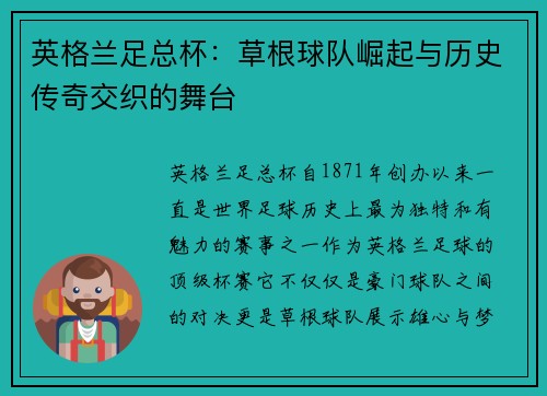 英格兰足总杯：草根球队崛起与历史传奇交织的舞台